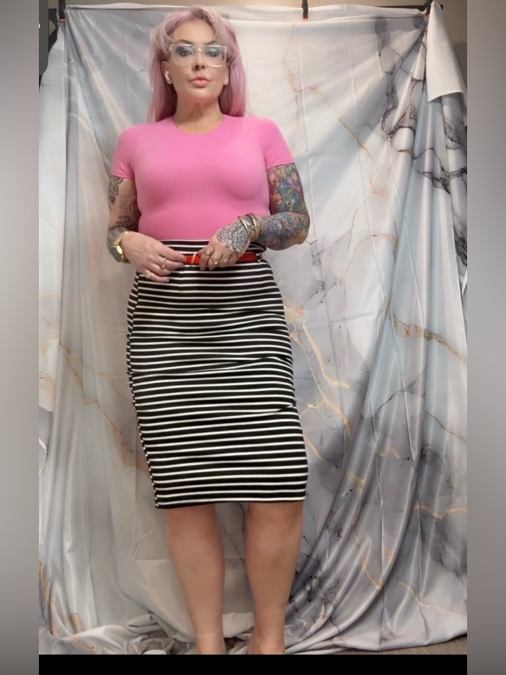 Papillon Blanc Black & White Striped Pencil Skirt